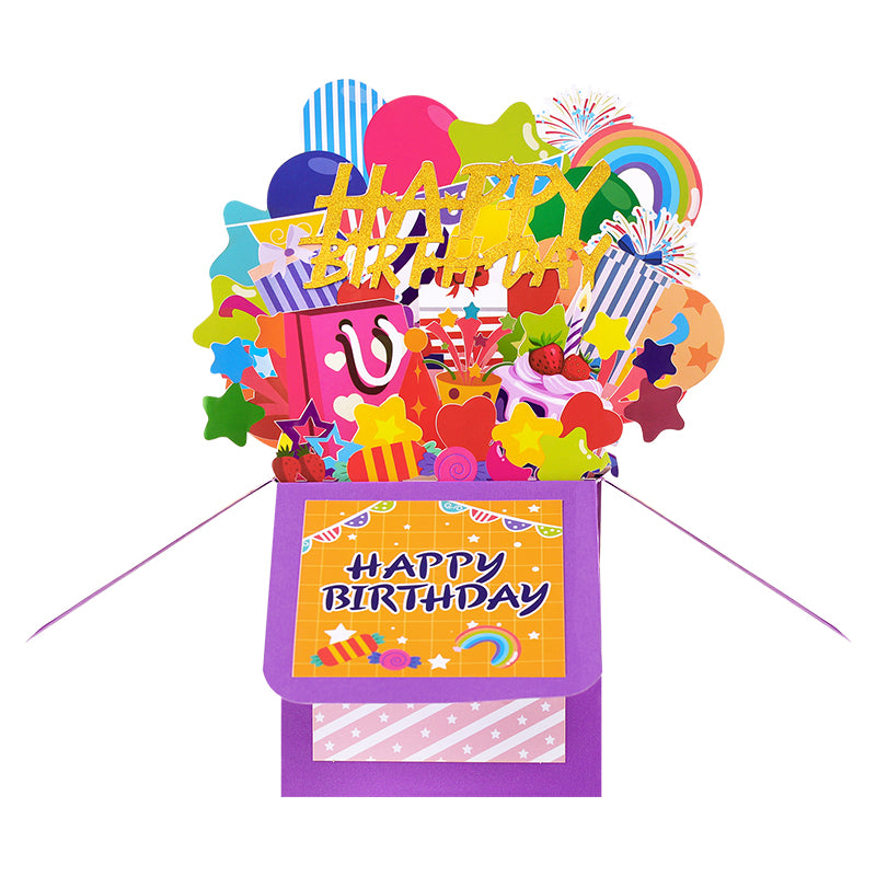 Rainbow Wishes 3D Pop Up Birthday Box Card - Fireworks Cake Balloons Surprise Gift Box