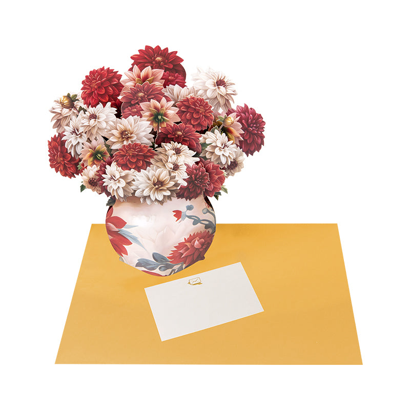 Crimson & Cream Dahlia Elegance 3D Pop Up Vase Greeting Card