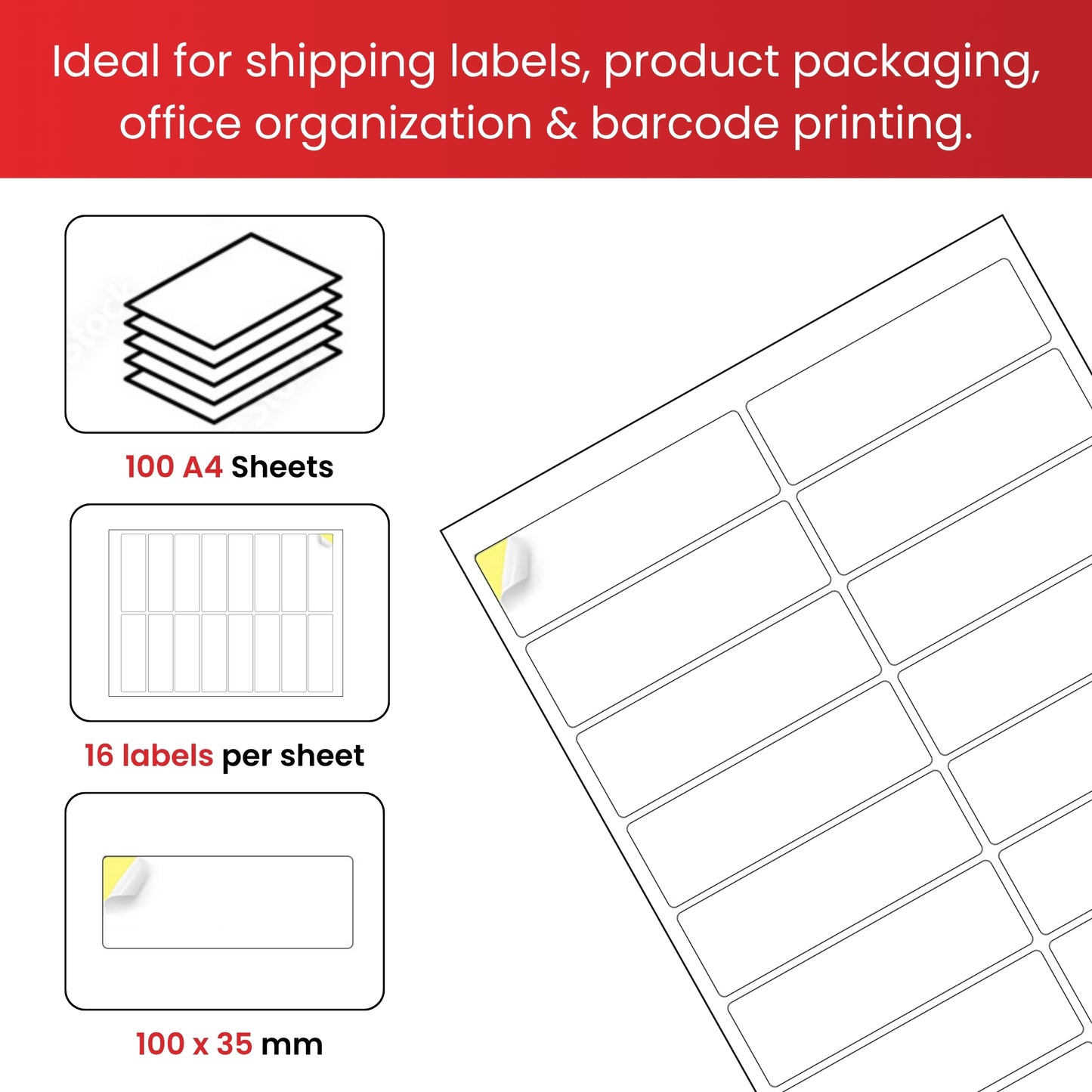 Pack of 1600 White 100x35mm Self Adhesive Labels (16 Labels per A4 Sheet)