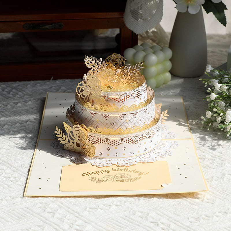 Gold Floral Cake Design Elegant 3D Pop Up Birthday Card