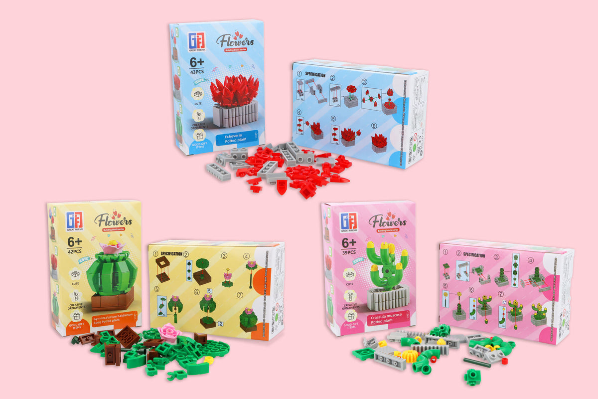 Pack of 6 Potted Plant Lego Block Kit - Construction Toys Party Favours Stocking Fillers