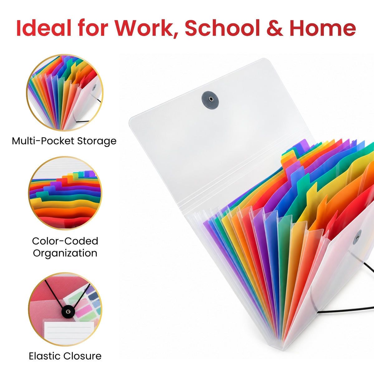 Pack of 6 A5 13 Part Rainbow Coloured Tabs Expanding Files With Elastic Closure