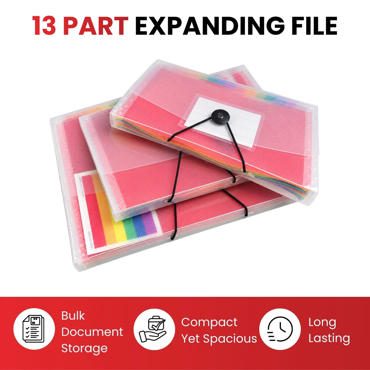 Pack of 12 A5 13 Part Rainbow Coloured Tabs Expanding Files With Elastic Closure