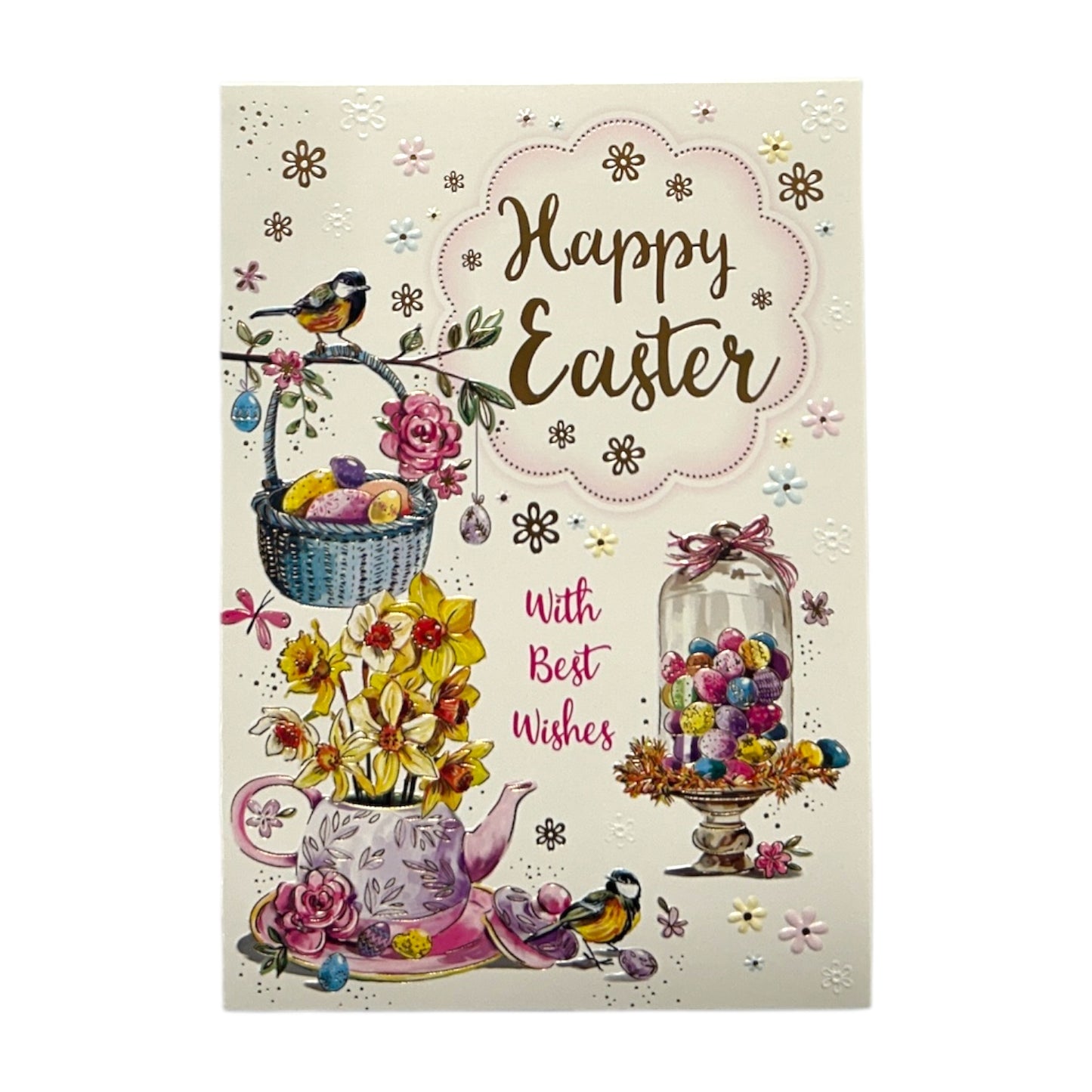 Happy Easter Beautiful Flowers and Chicks Eggs Design Greeting Card