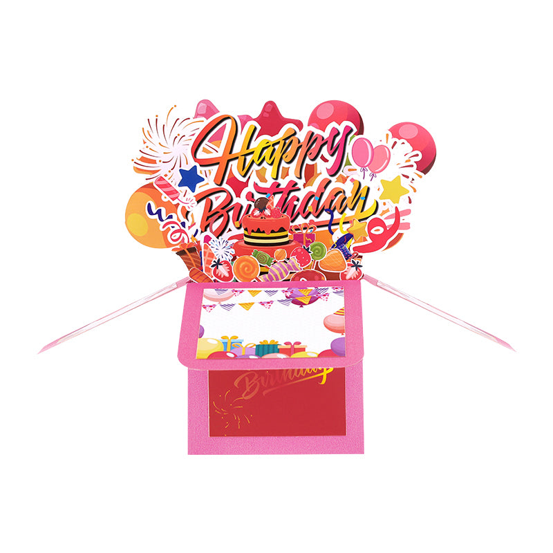 Pink Balloons Fireworks Peach Red 3D Pop Up Birthday Box Card Surprise Gift Box