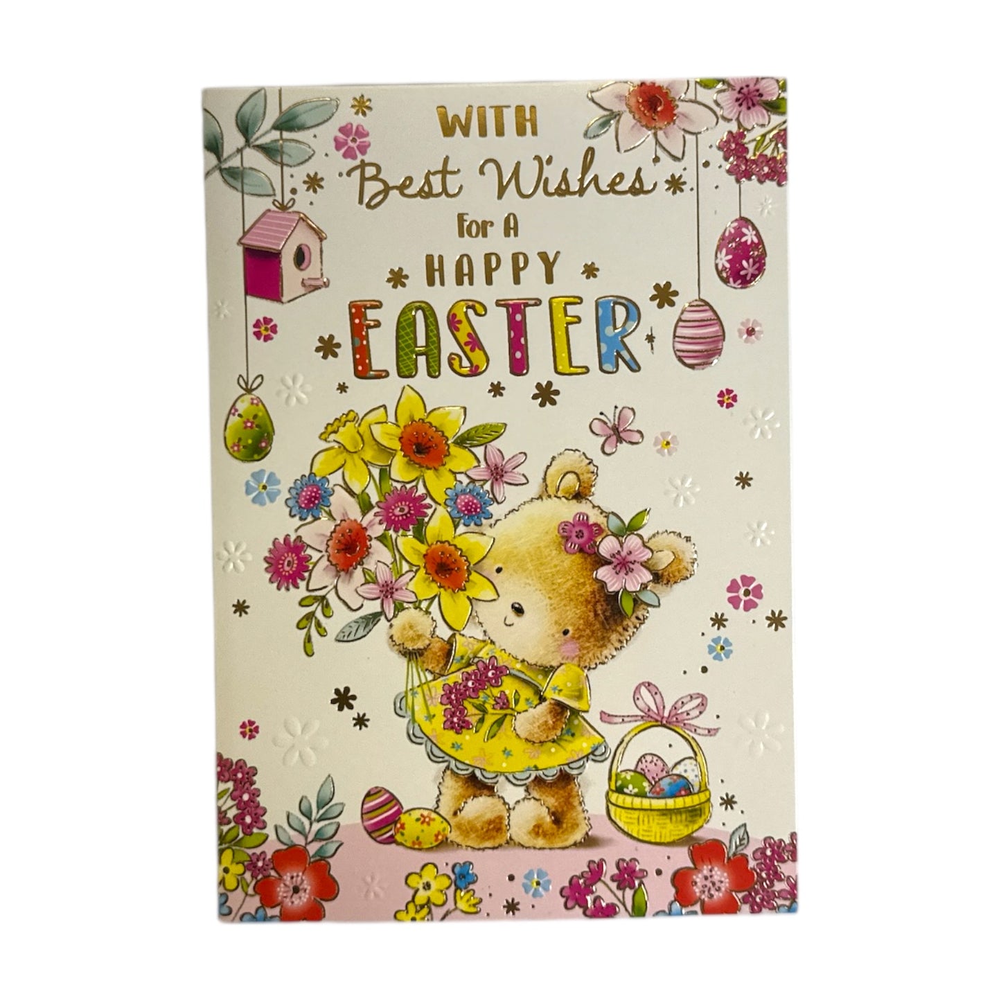 Teddy With Spring Flowers Design Open Easter Card