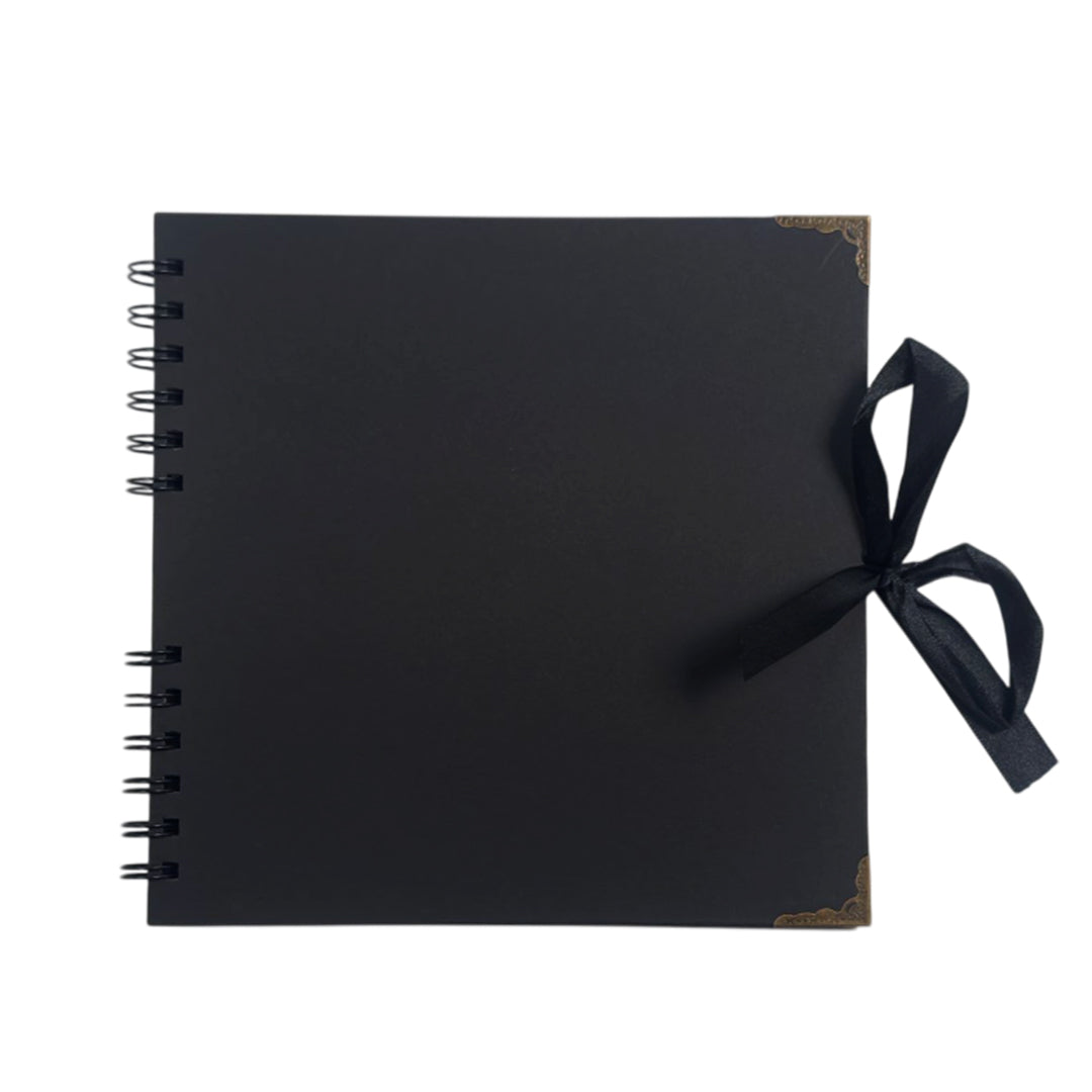 Pack of 6 Spiral Bound 180gsm Black Scrapbooks with Ribbon Closure and Metal Corners - 30 Sheets 20x20cm