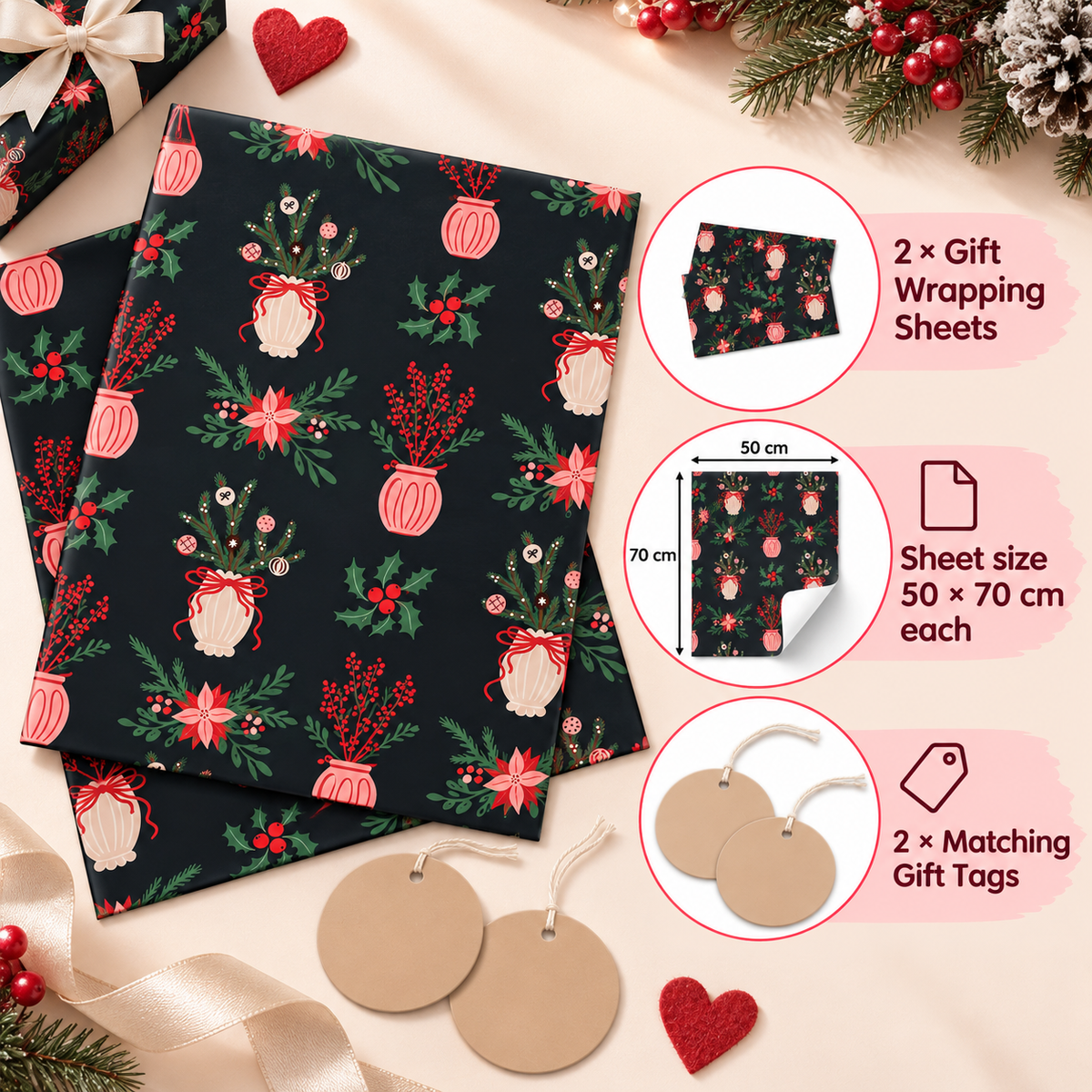 Pack of 2 Winter Bouquet Design 50 x 70 cm Gift Wrap Sheets with 2 Tags - Christmas Seasonal Celebrations Winter Parties