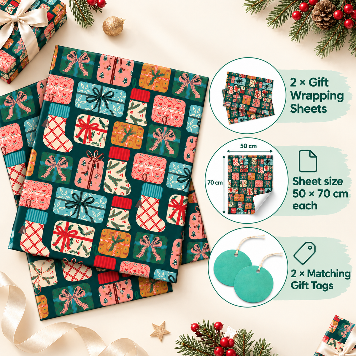 Pack of 2 Present Pattern Design 50 x 70 cm Gift Wrap Sheets with 2 Tags - Christmas Birthdays Kids Party Holiday Gifting