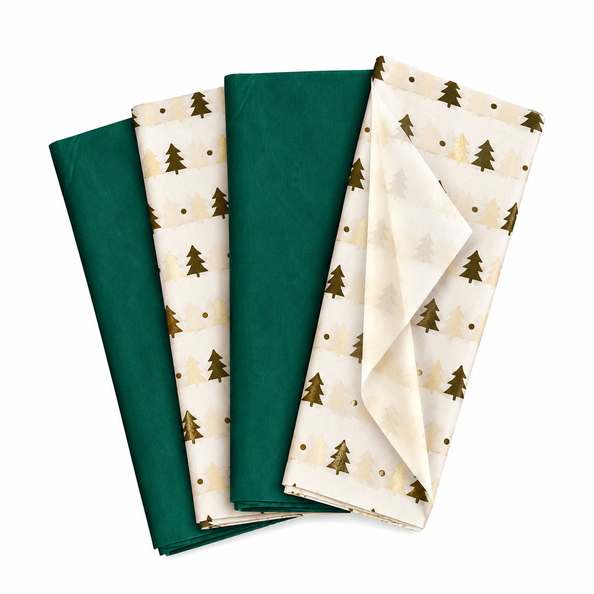 Pack of 8 Christmas Tree Dots Luxury Gold Foil Design & Plain Dark Green 50 x 70 cm Tissue Sheets