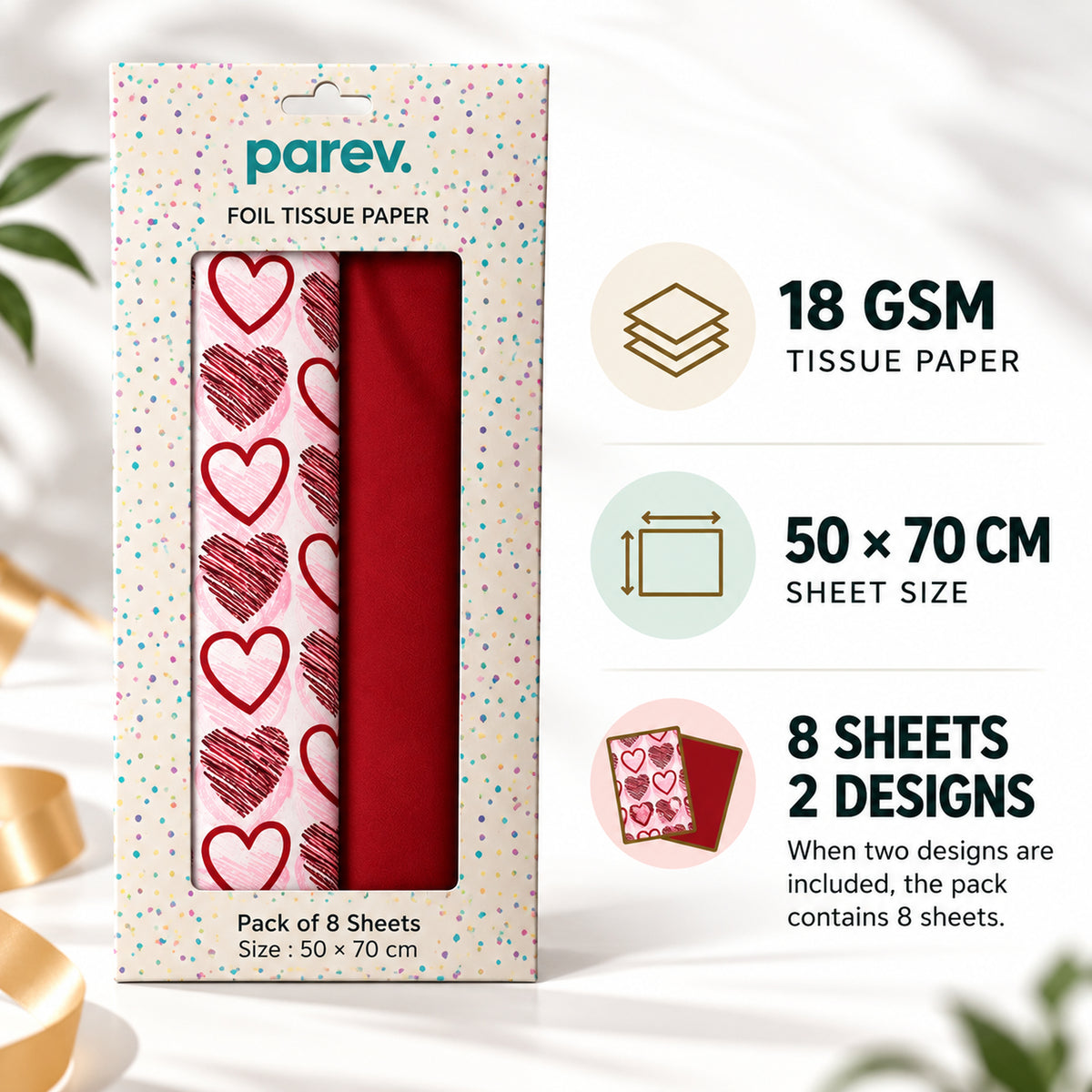 Pack of 8 Valentine Hearts Medley Luxury Red Foil Design & Plain Red 50 x 70 cm Tissue Sheets - Christmas Valentine's Wedding Birthday