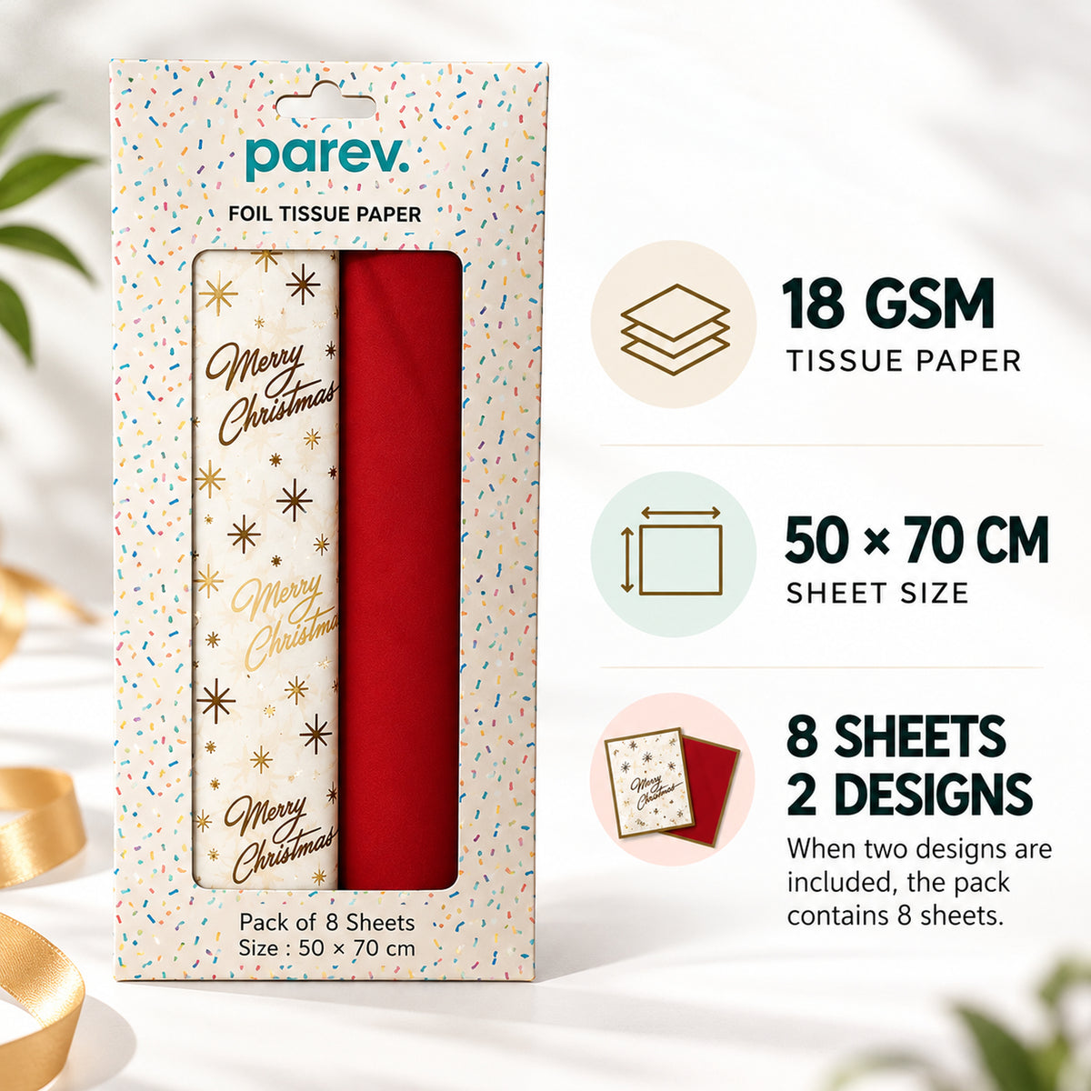 Pack of 8 Merry Christmas Luxury Gold Foil Design & Plain Red 50 x 70 cm Tissue Sheets