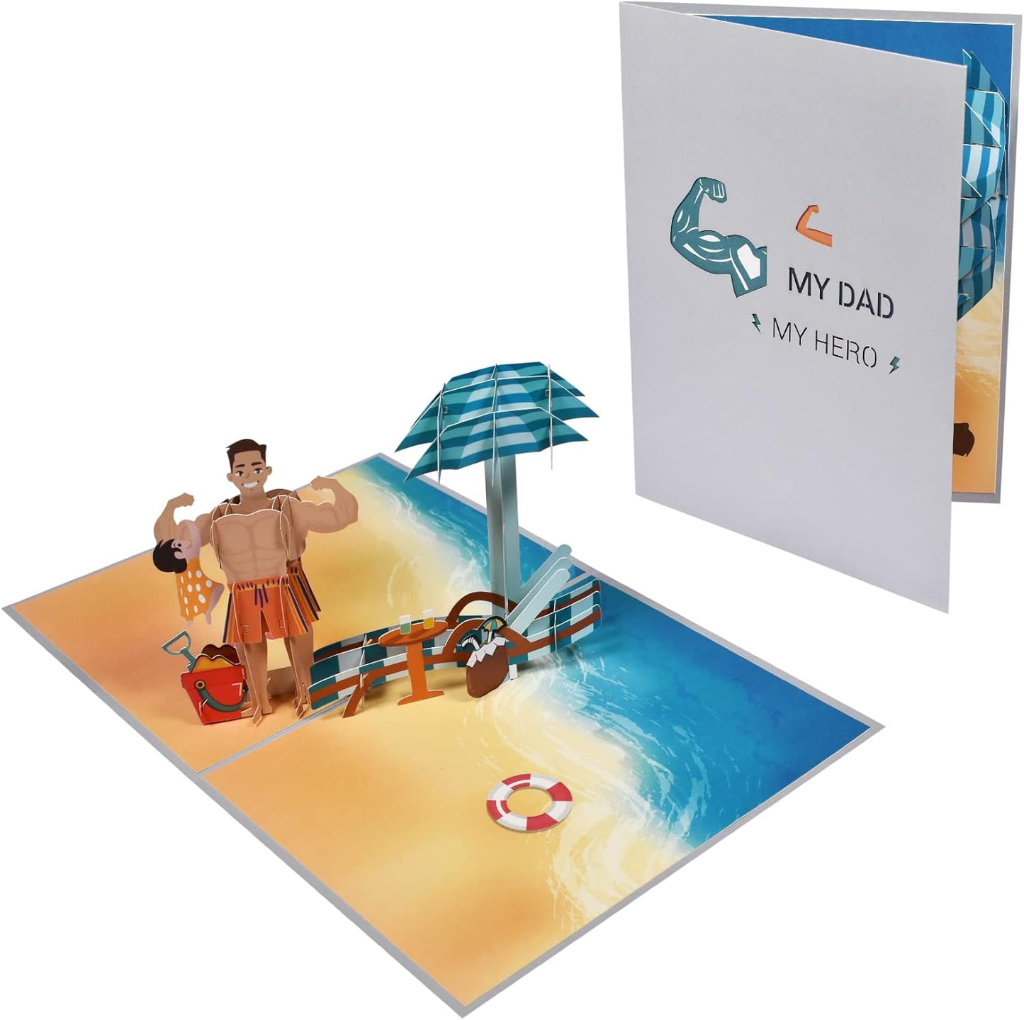 My Dad My Hero Beach Scene 3D Pop Up Greeting Card - Father's Day Birthday Thank You