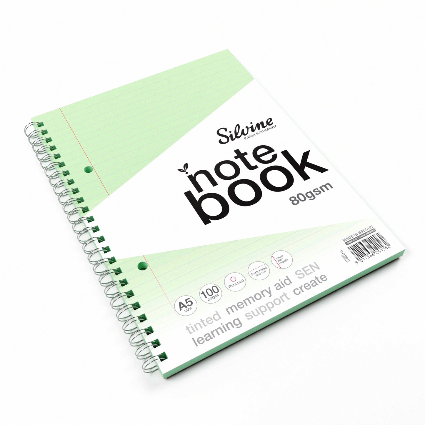 A5+ 100 Pages Twin Wire SEN Green Paper Dyslexia Notebook - Lined with Margin