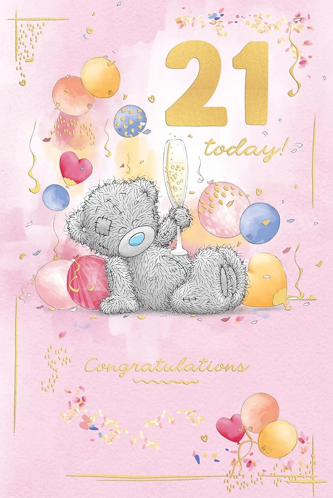Bear Sat Amongst Balloons Embellished 21st Birthday Card