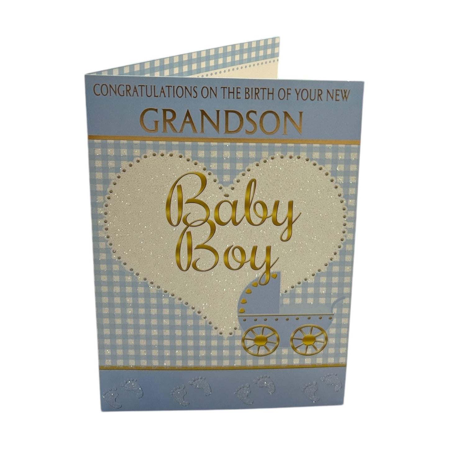 On Birth Of New Baby Grandson Heart & Pram Design Blue Congratulations Card