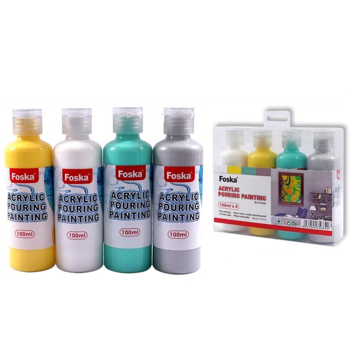 Pack of 4 Acrylic Pouring Paints 100ml - White, Yellow, Green, Silver