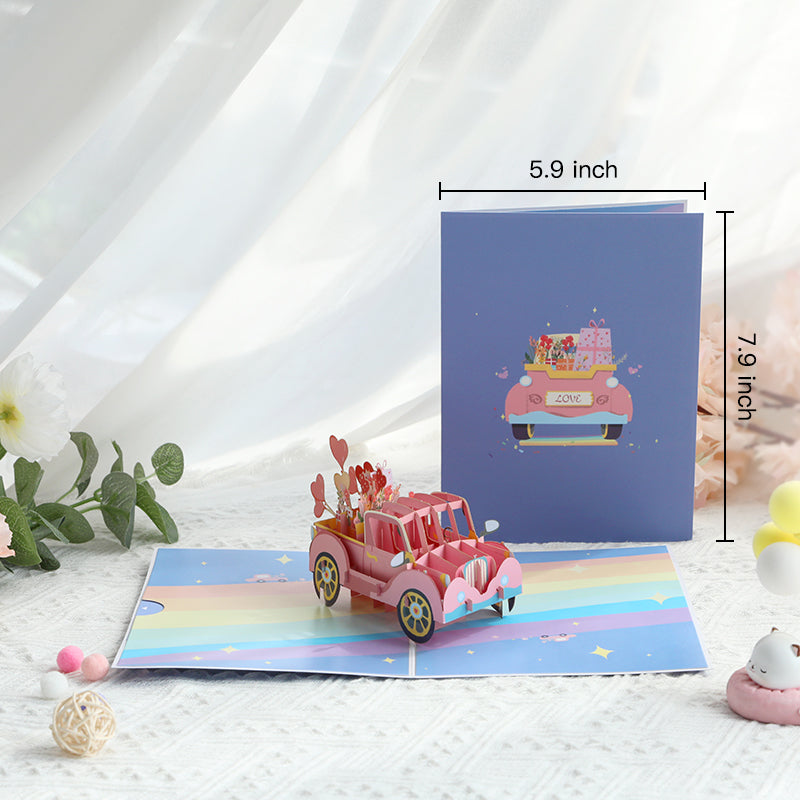 Love Express Pink Car 3D Pop Up Greeting Card - Wedding Valentine's Day Anniversary