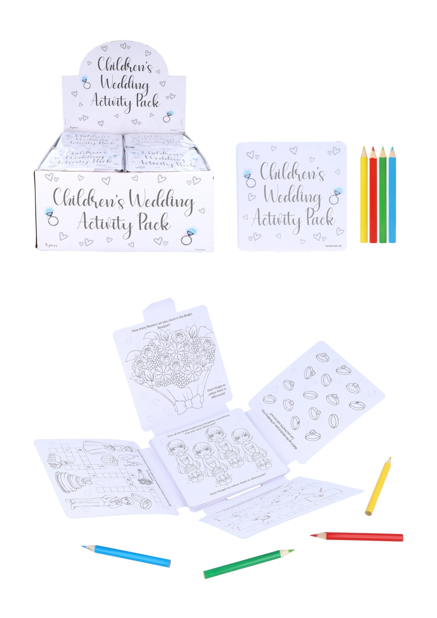 Pack of 36 Wedding Childrens Activity Pack / Crayons Drawing Colouring Book Travel Games