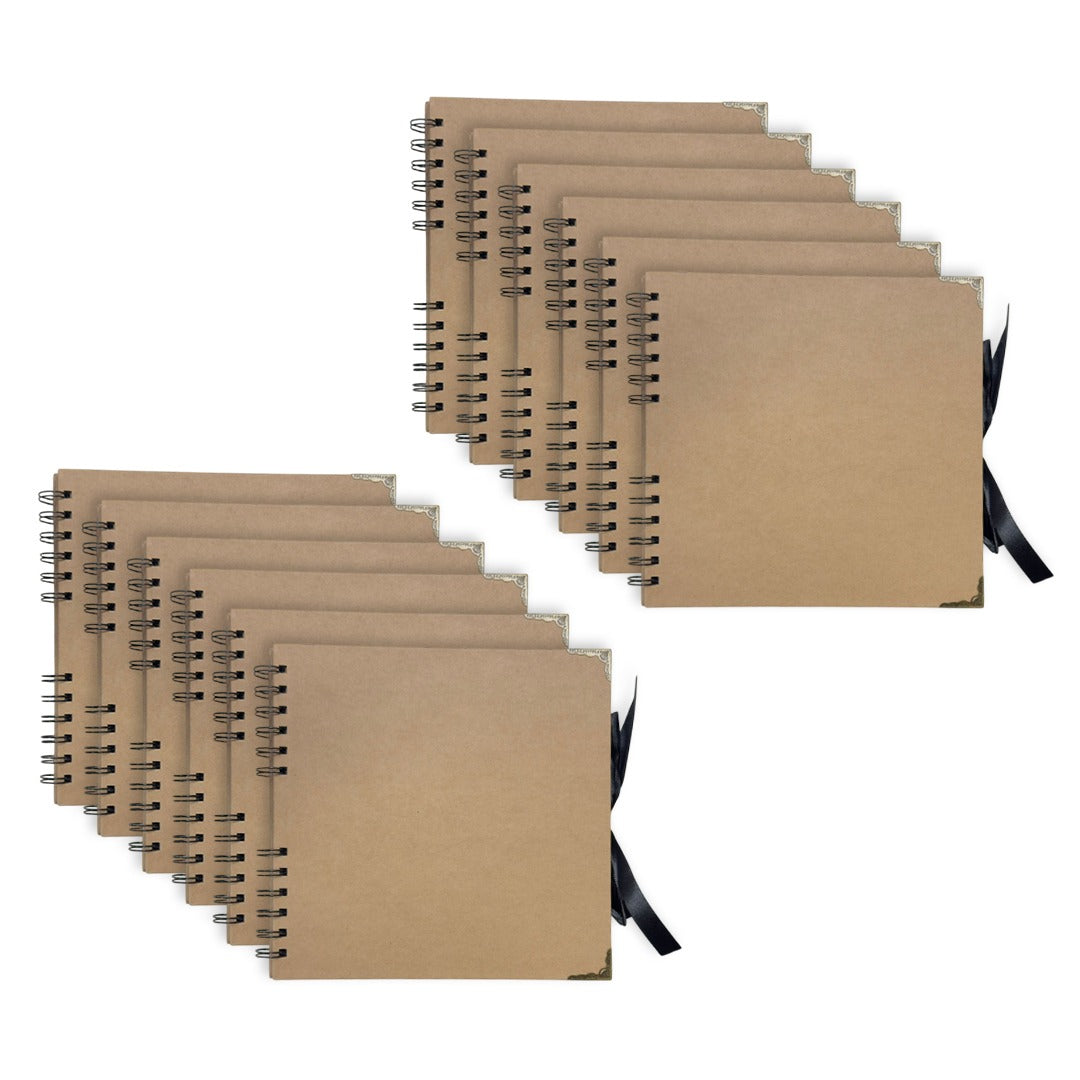Pack of 12 Spiral Bound 180gsm Kraft Scrapbooks with Ribbon Closure and Metal Corners - 30 Sheets 20x20cm