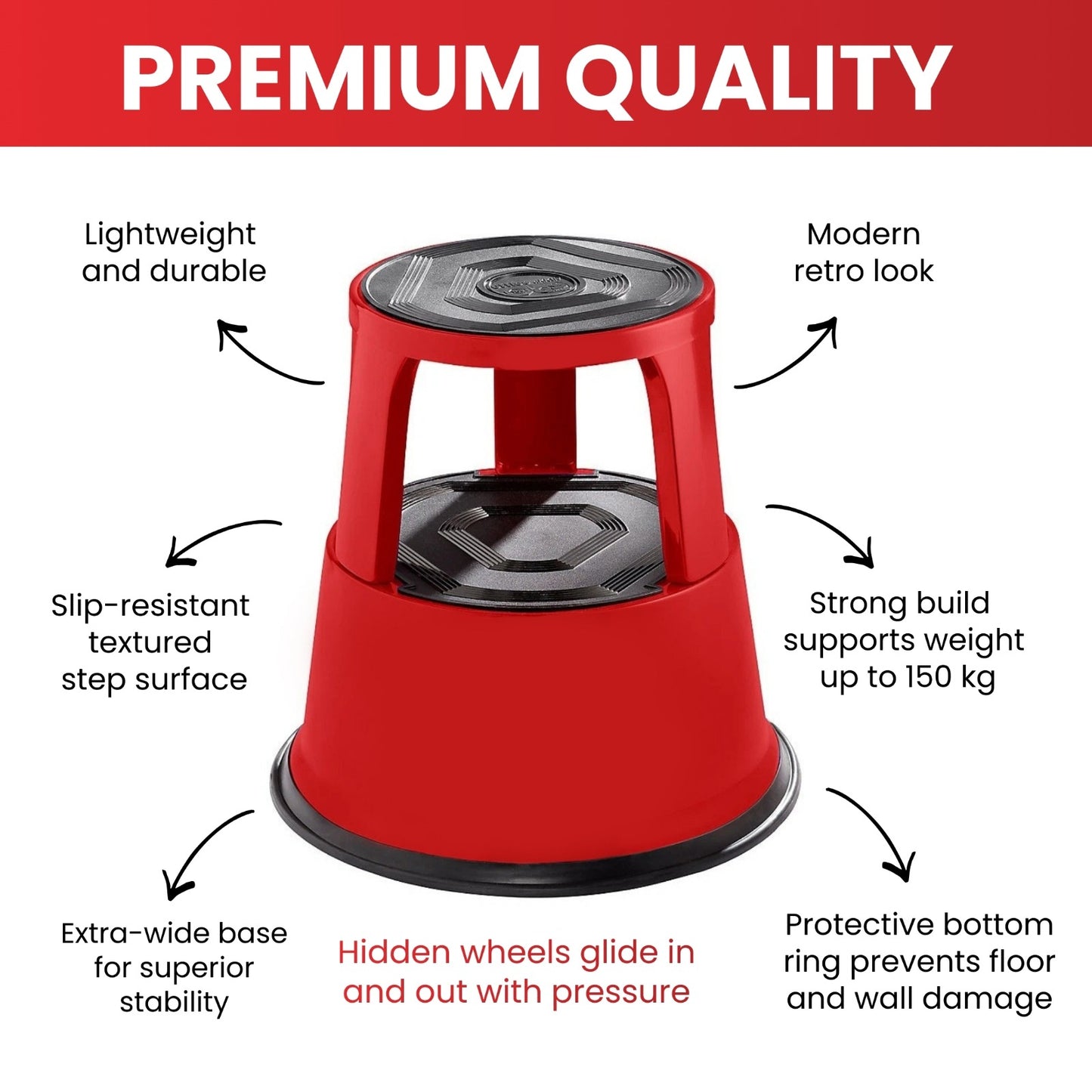 Red Metal Rolling Kick Step Stool with 150kg Capacity