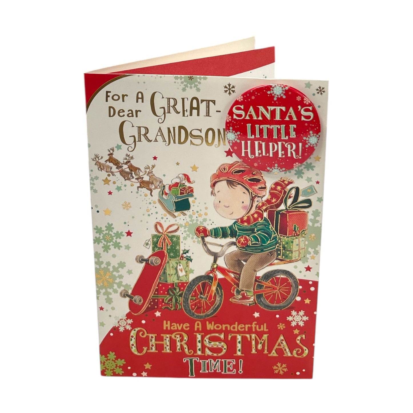 For a Dear Great Grandson Santa's Little Helper Christmas Card with Badge
