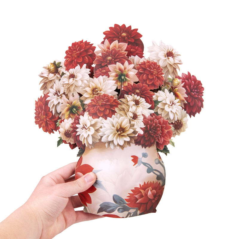 Crimson & Cream Dahlia Elegance 3D Pop Up Vase Greeting Card