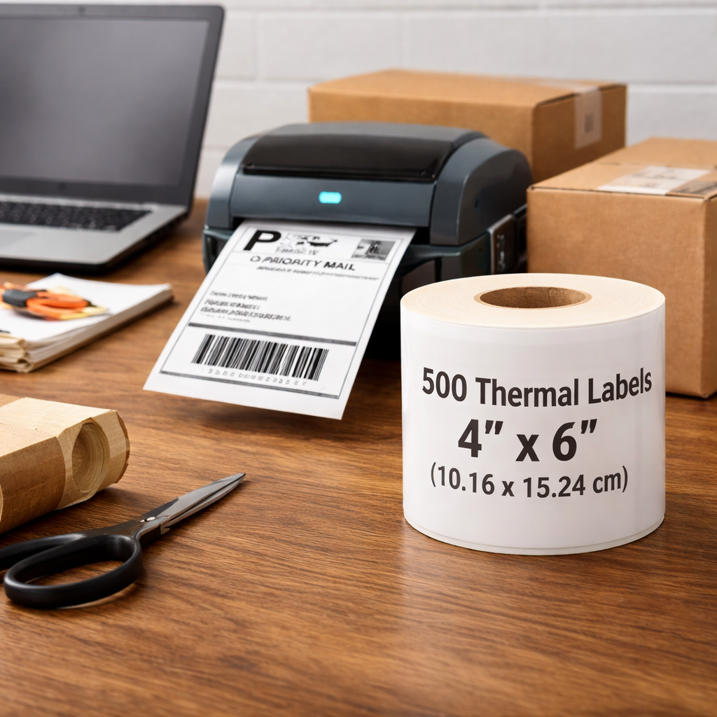 12 x Roll of 500 White Self Adhesive Thermal Printer Labels 4" x 6" (10.16 x 15.24cm)