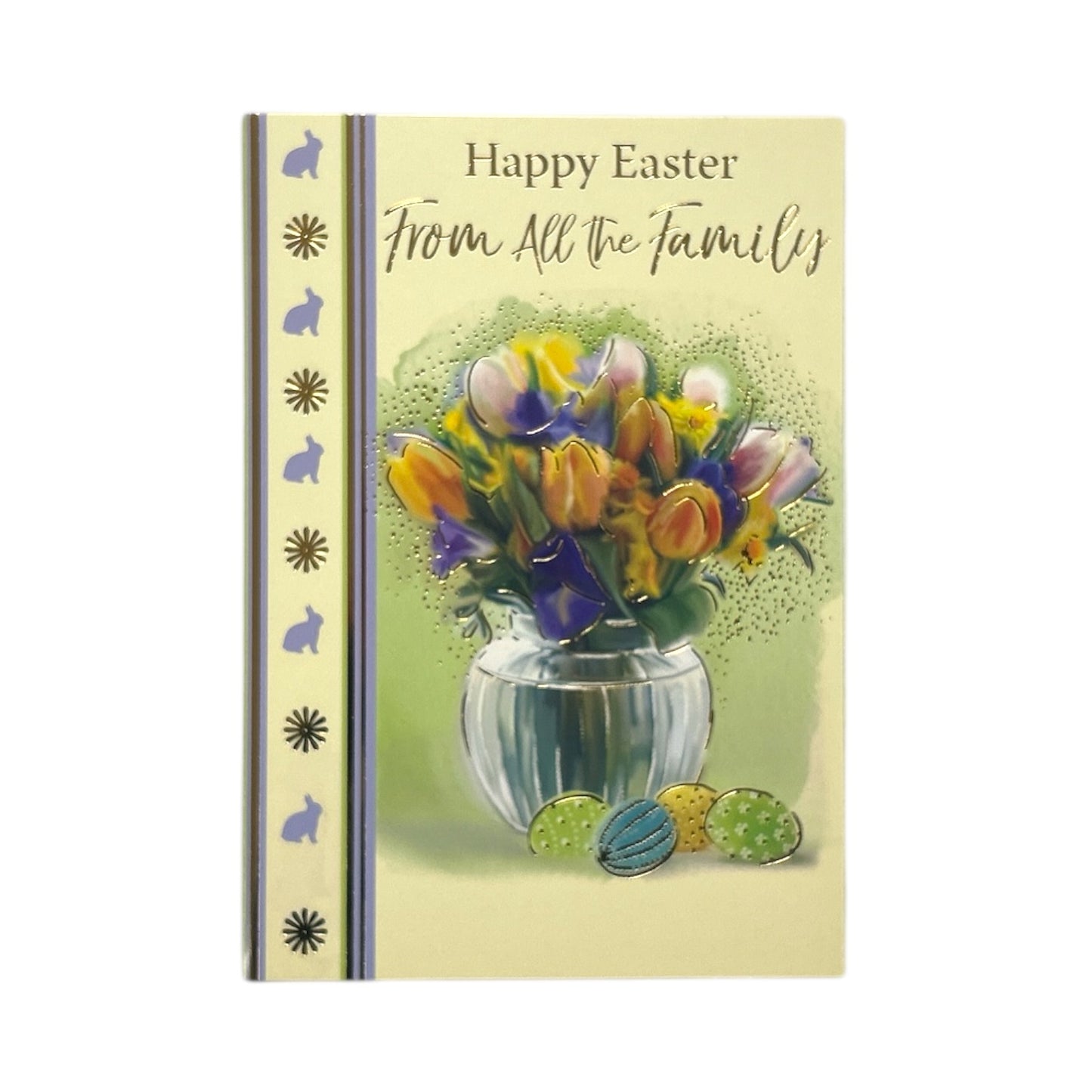 From All The Family Flower Pot And Colourful Eggs Design Easter Card