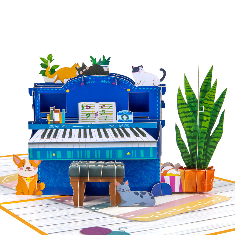Piano & Cats Scene Whimsical 3D Pop Up Greeting Card