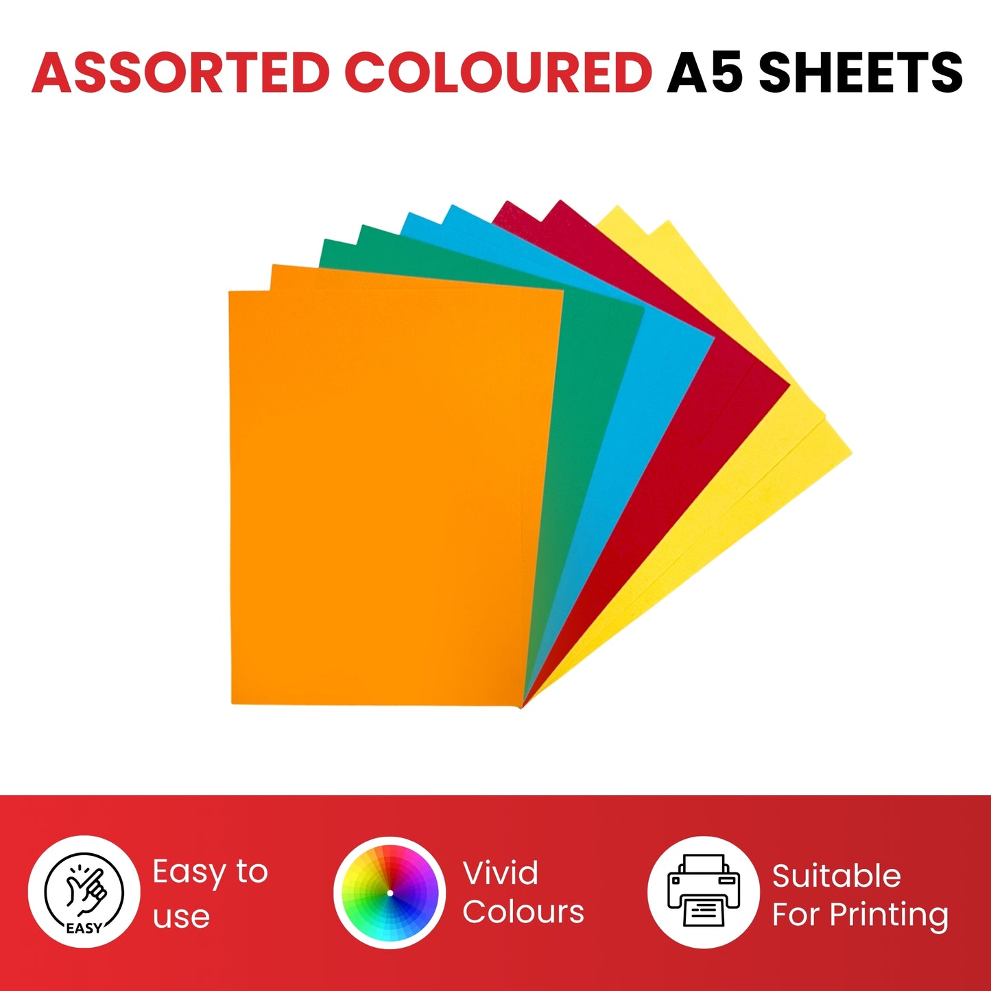 Pack of 1000 A5 Assorted Primary Coloured Paper 75gsm Sheets