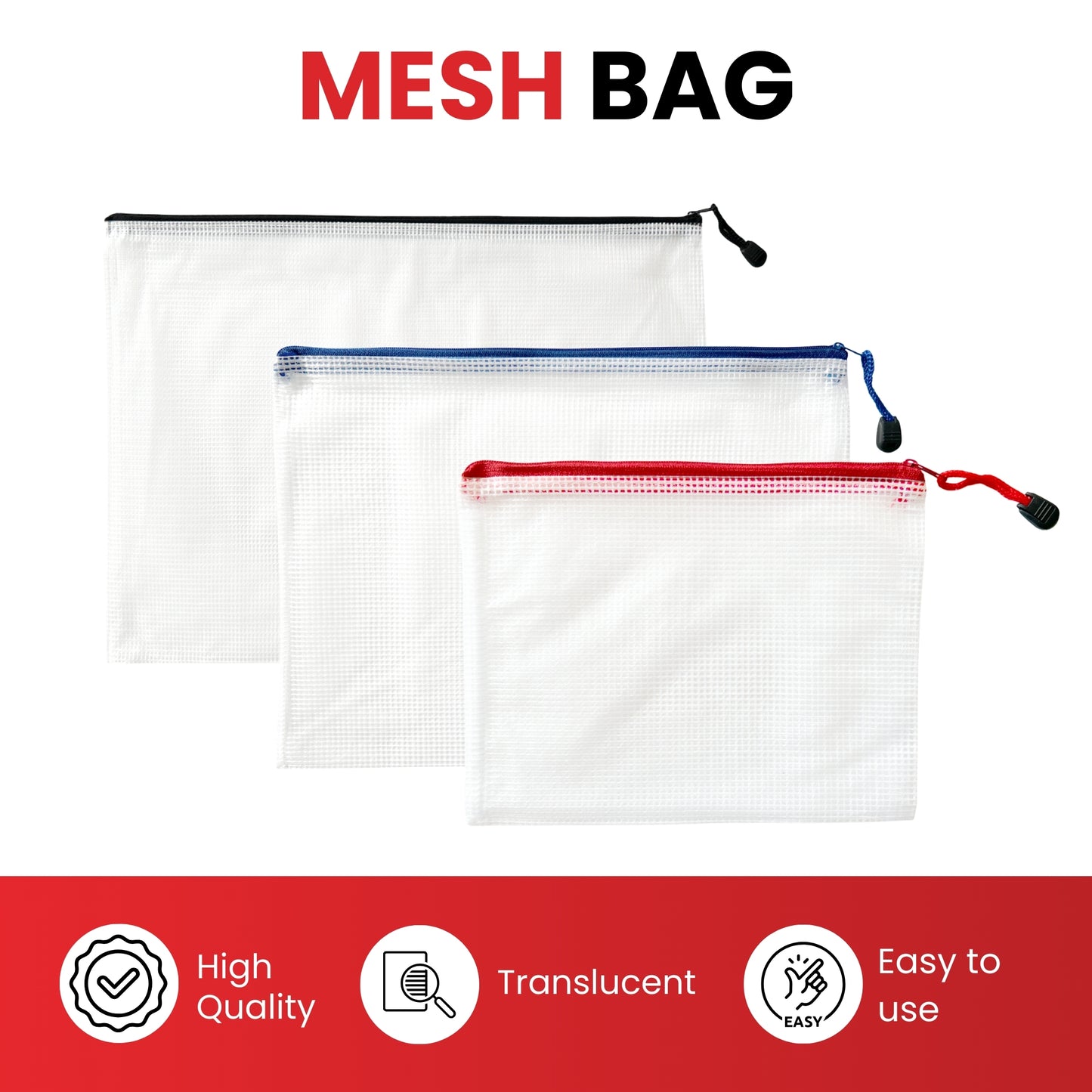 Pack of 3 Red Zip Assorted Sizes Strong Mesh Bags - A3, A4, A5 - Tough Waterproof Storage