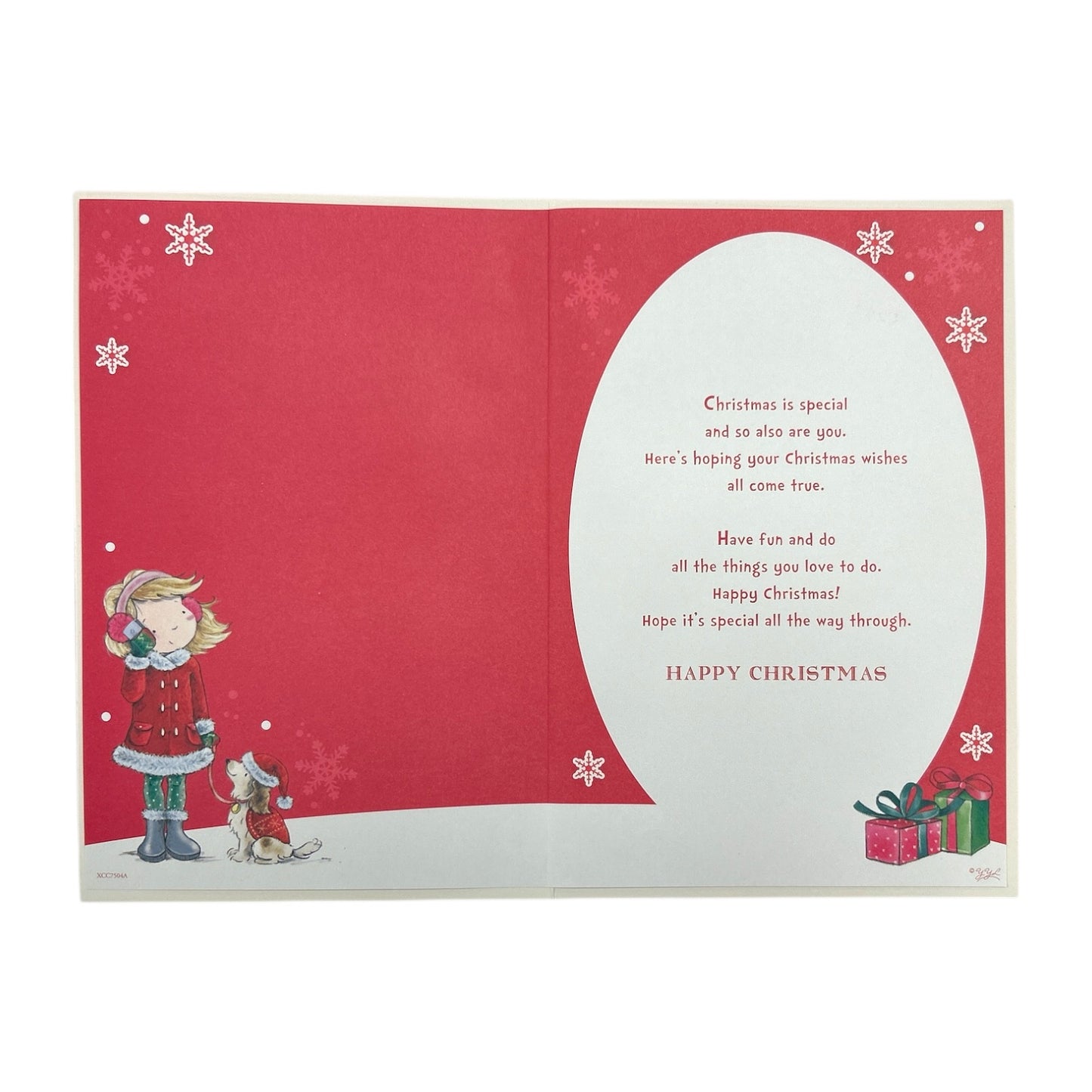 For a Special Niece Santa Pup & Snowflakes Christmas Card With Badge