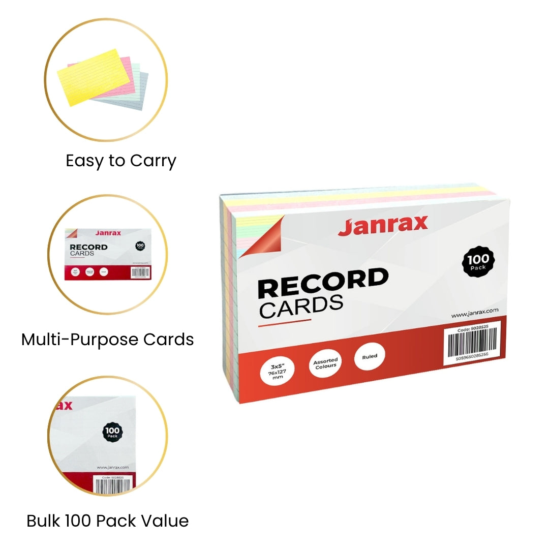 Pack of 100 Assorted Colour Ruled 6x4" Record Cards – Lined Study Index Cards for Notes, Revision