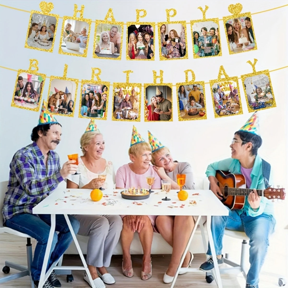 Glitter Blue Photo Insert HAPPY BIRTHDAY with Hearts Banner with Ribbon