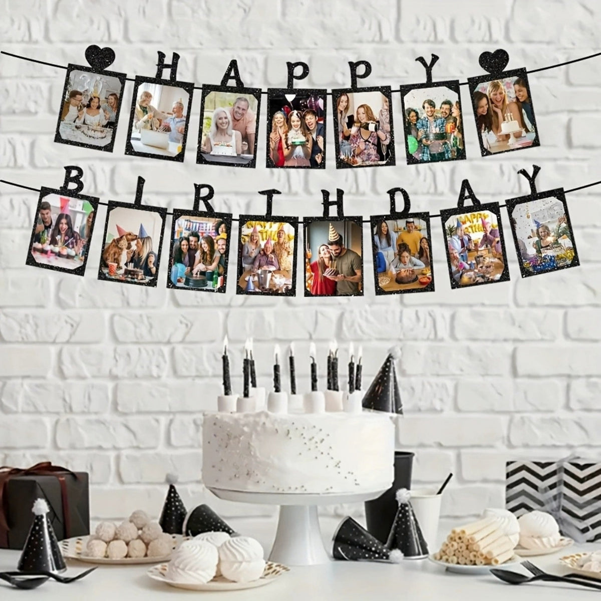 6 x Glitter Silver Photo Insert HAPPY BIRTHDAY with Hearts Banner with Ribbon