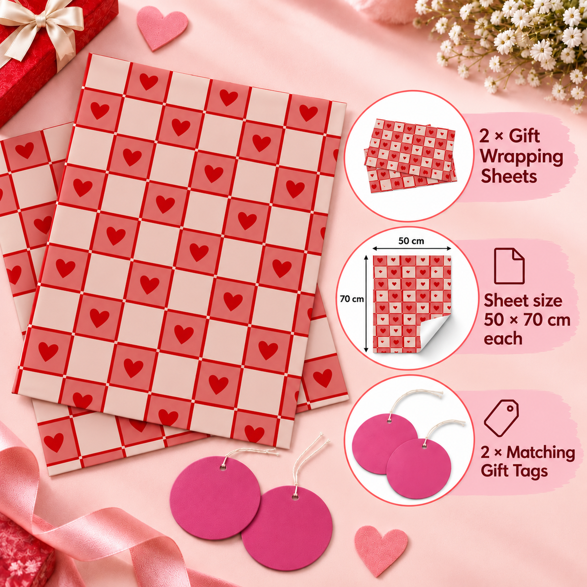 Pack of 2 Heart Squares Design 50 x 70 cm Gift Wrap Sheets with 2 Tags - Valentine’s Mother's Day Birthdays Everyday Celebrations
