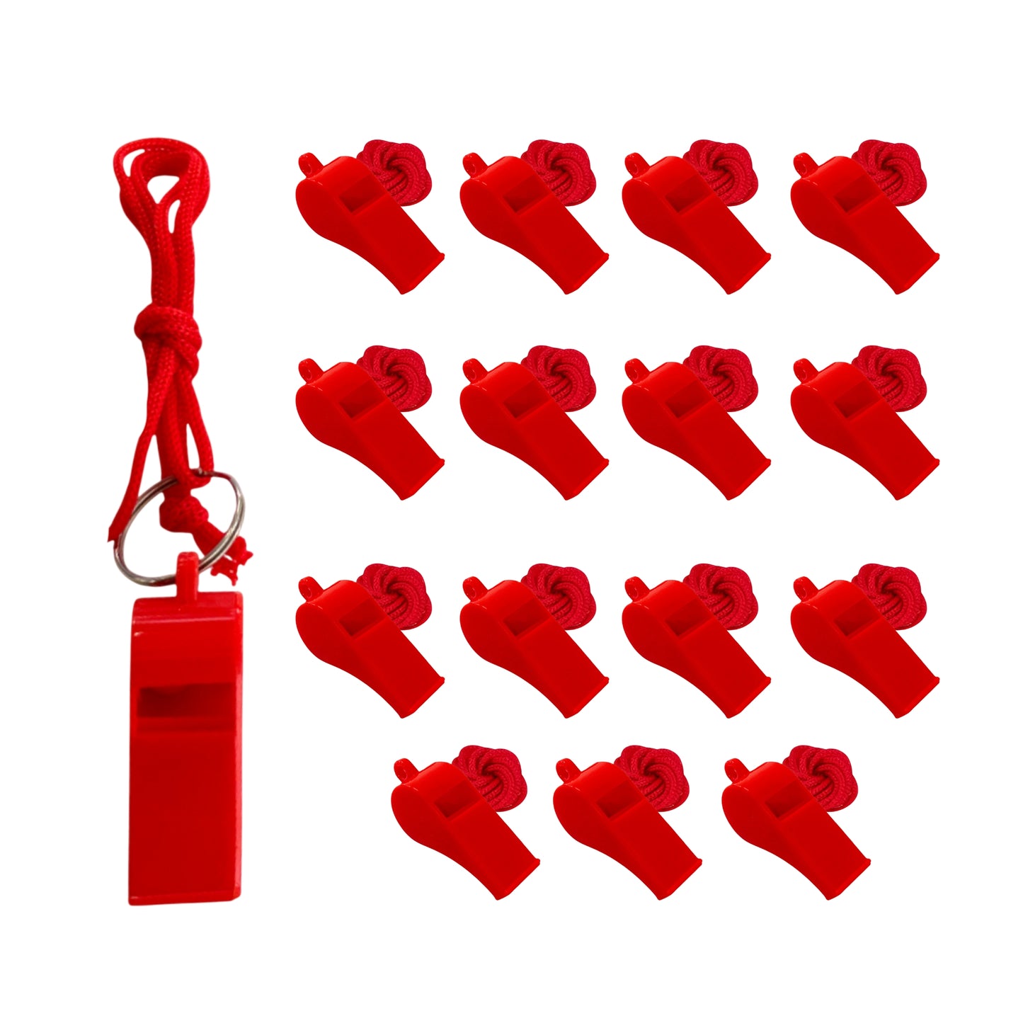 Pack of 50 Red Plastic Whistles with Lanyard Neck Cord