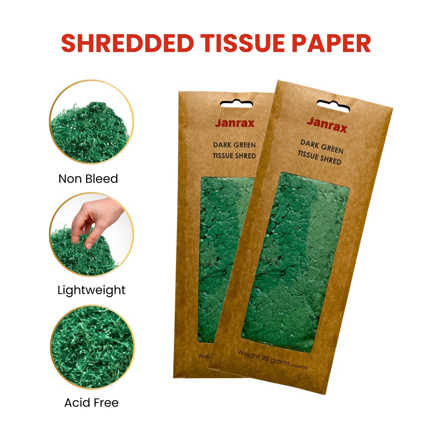 12 Packs of Dark Green Tissue Shred 20g - Total 240g