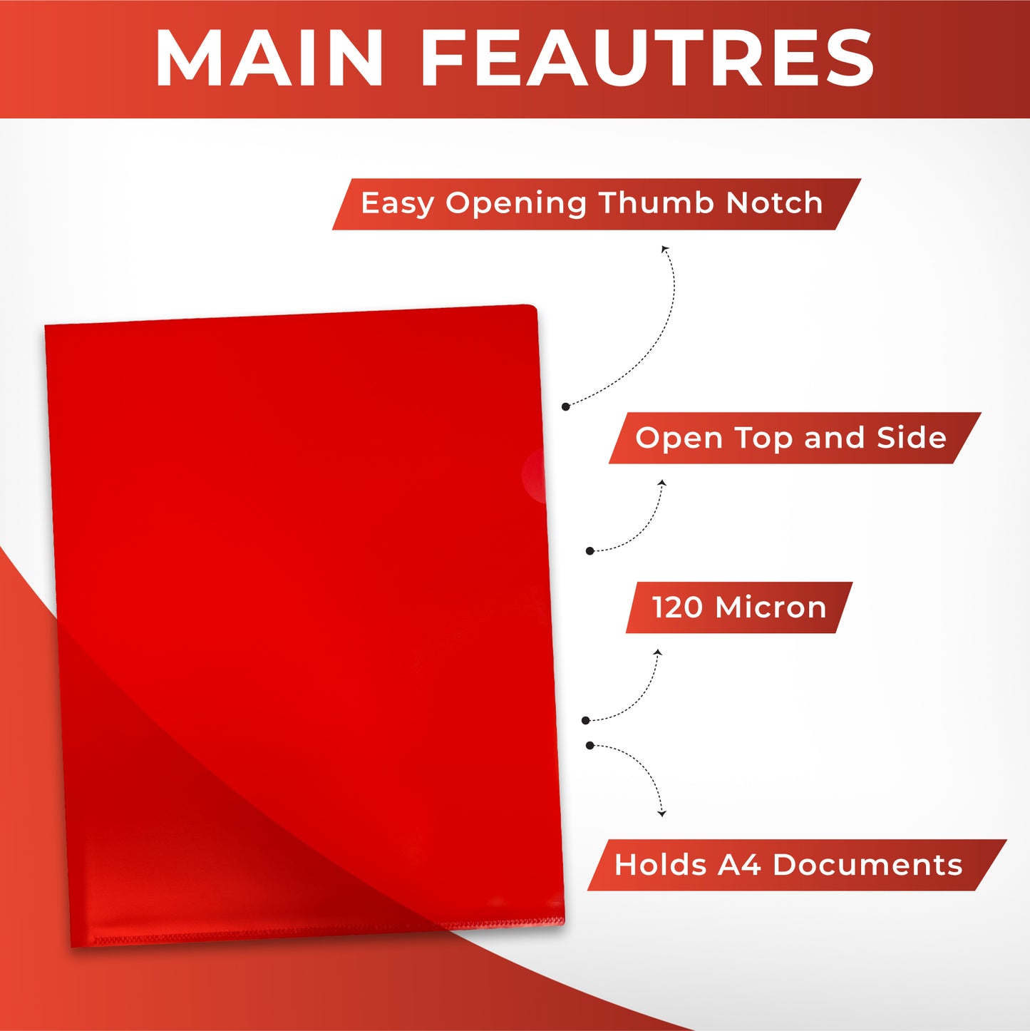 Pack of 1000 A4 Red L Shaped Open Top and Side Report File Folders