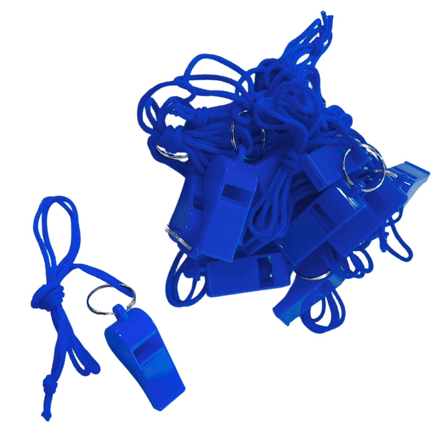 Pack of 50 Blue Plastic Whistles with Lanyard Neck Cord