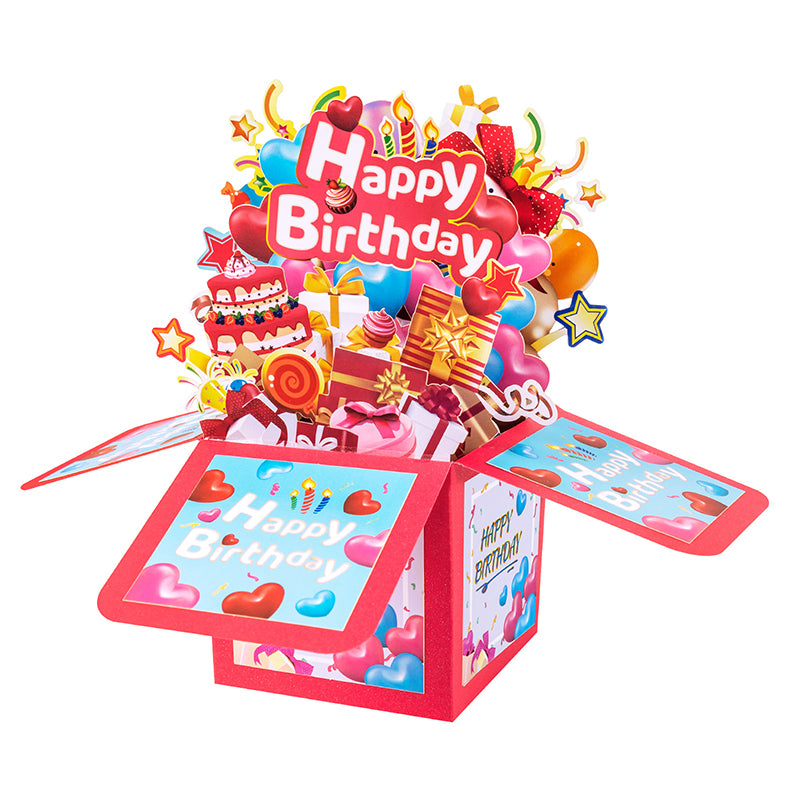 Heart Balloons Bright Red 3D Pop Up Birthday Box Card - Fireworks Cake Surprise Gift Box