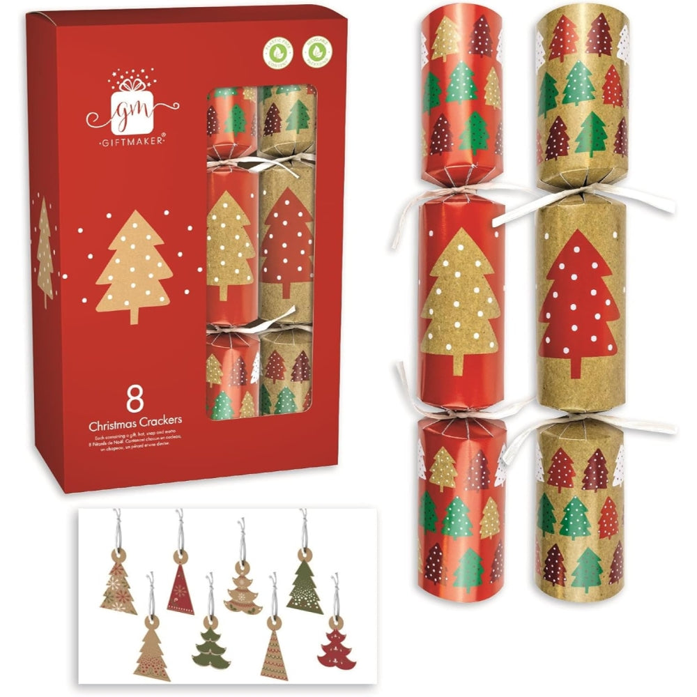 Pack of 8 12" Kraft Effect Tree Design Christmas Crackers