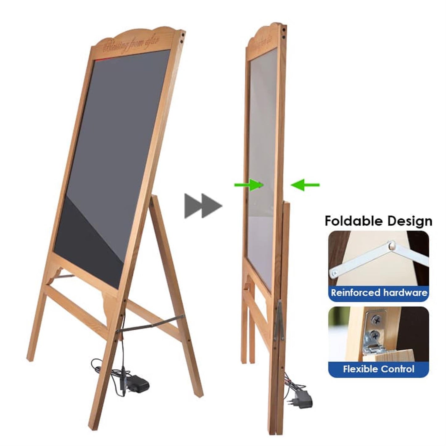 Pine Wood LED Message Board – 70×50 cm Writing Display with Tempered Glass Panel