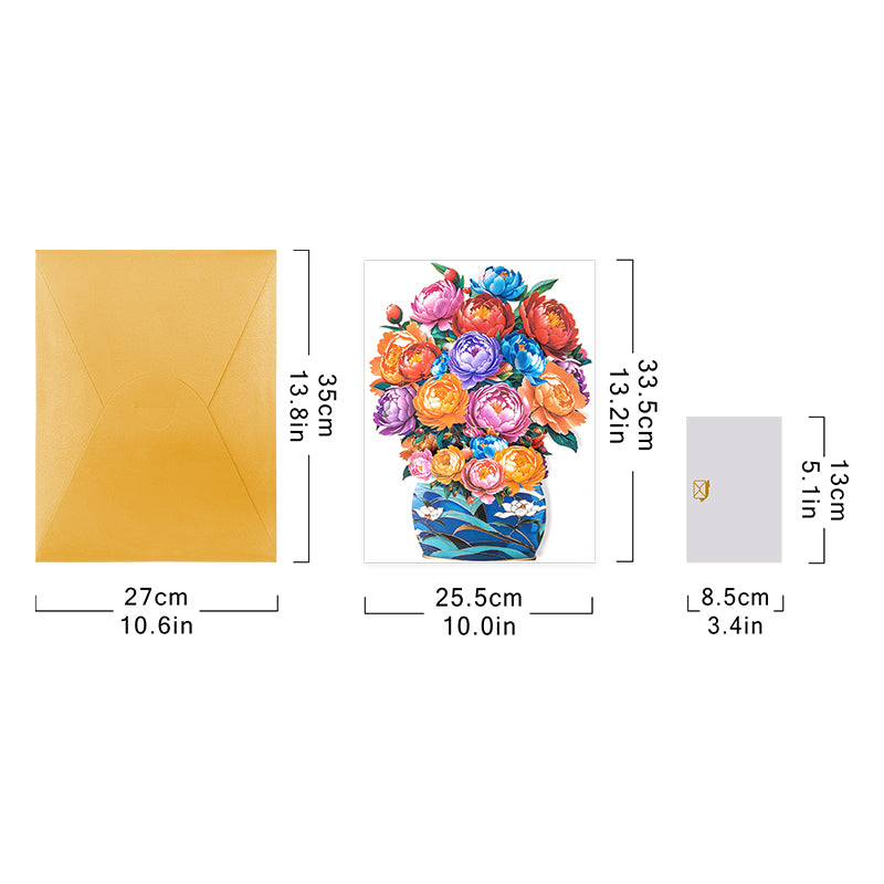 Colorful Grace Peony Bouquet in Blue Vase 3D Pop Up Card