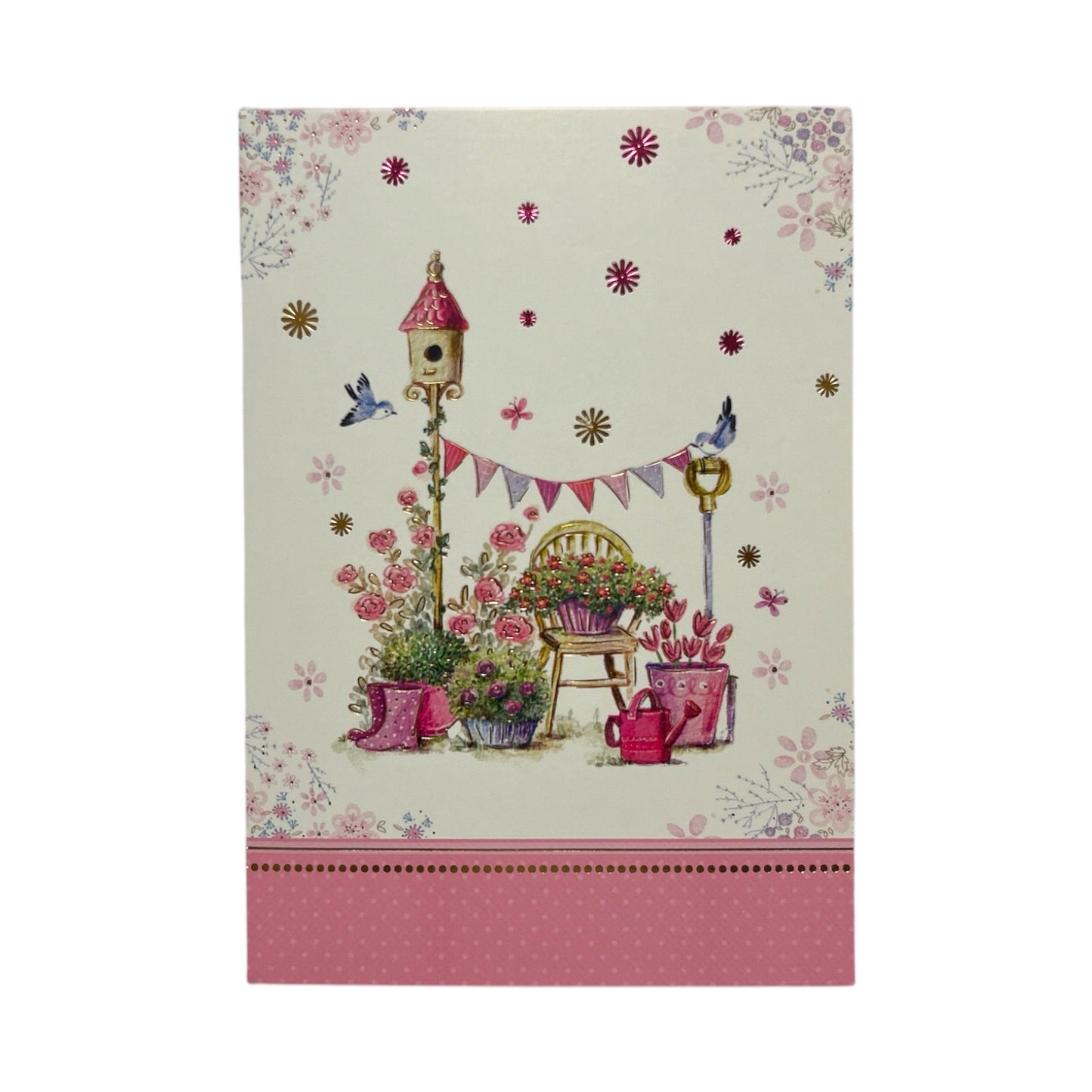 Open Blank Female Birds with Bunting and Basket Of Flowers Design Card