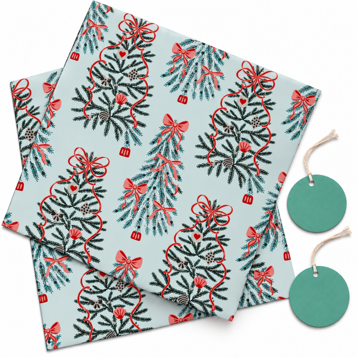 Pack of 2 Festive Tree Charm Design 50 x 70 cm Gift Wrap Sheets with 2 Tags - Christmas Seasonal Celebrations Winter Parties