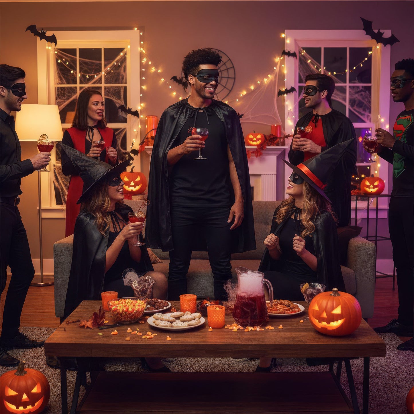 Adult Superhero Black Cape and Mask Fancy Dress Costume