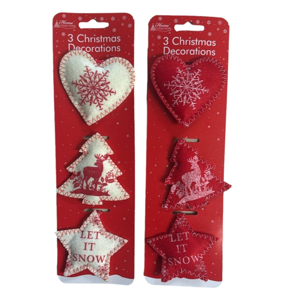 Pack of 3 Christmas Fabric Hanging Decorations