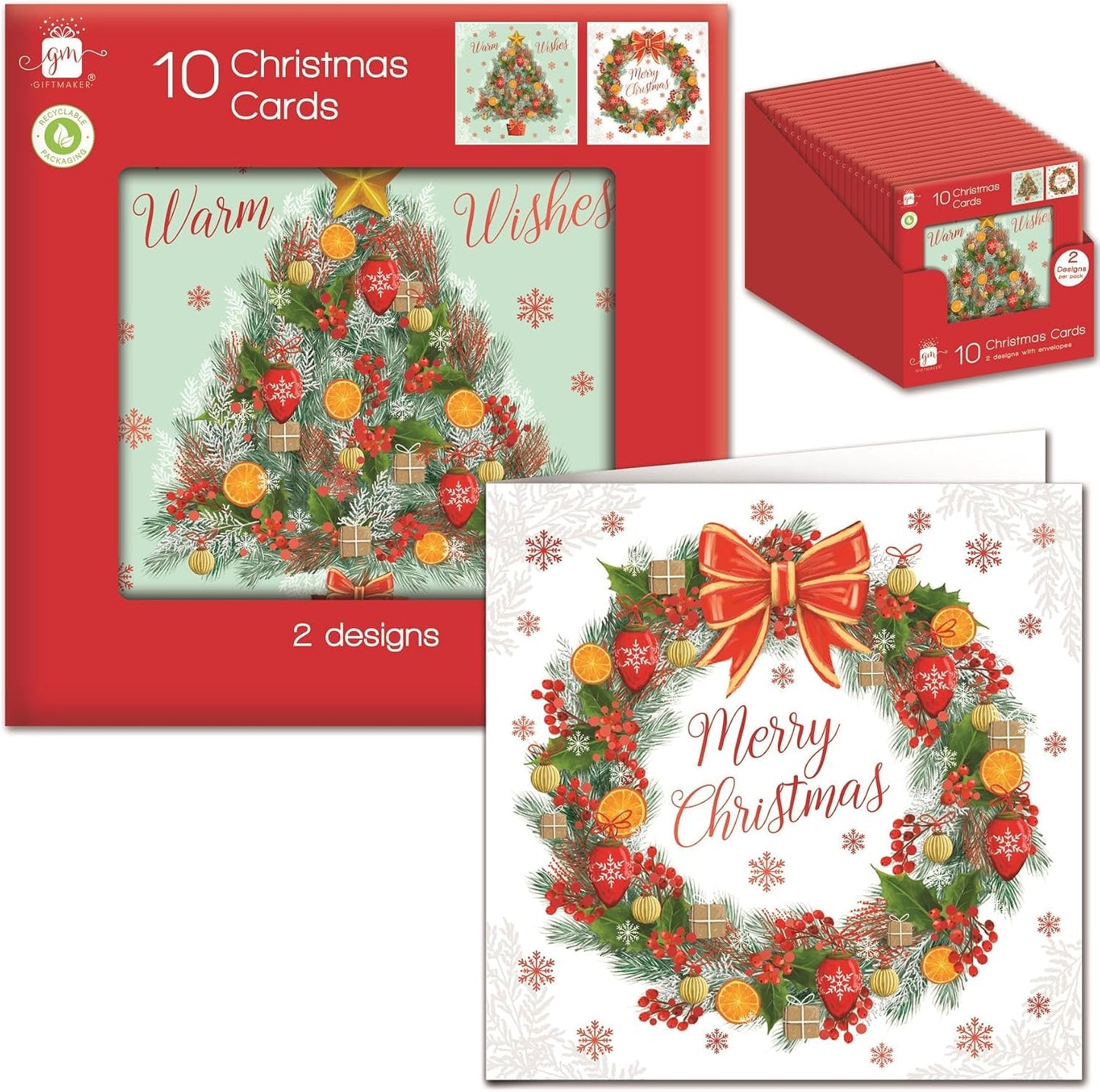 Pack 10 Festive Tree & Wreath Designs Christmas Cards